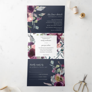 INVITACIÓN TRÍPTICA NAVY WILD PURPLE LILAC FLORAL WATERCOLOR BODA