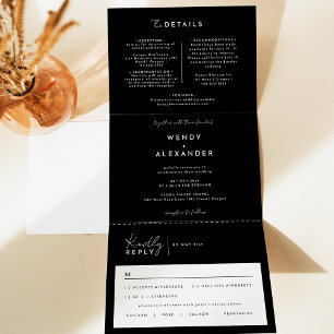 Invitación Tríptica Negro Boda de escritura moderna todo en uno