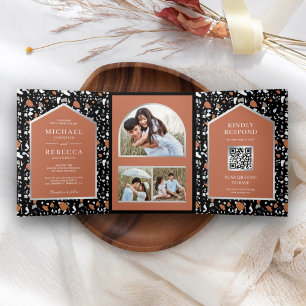 Invitación Tríptica Negro Terrazzo Tile Terracotta QR Boda de código