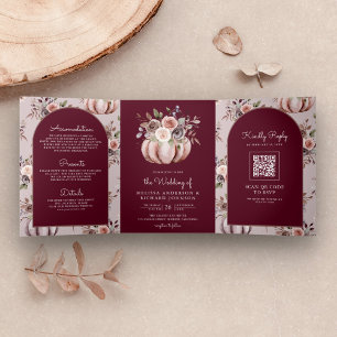 Invitación Tríptica Neutral Calabaza Floral Código QR Borgoña Boda