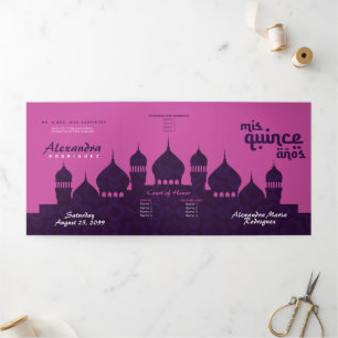 Invitación Tríptica Noches árabes moradas rosadas calientes Quinceañer