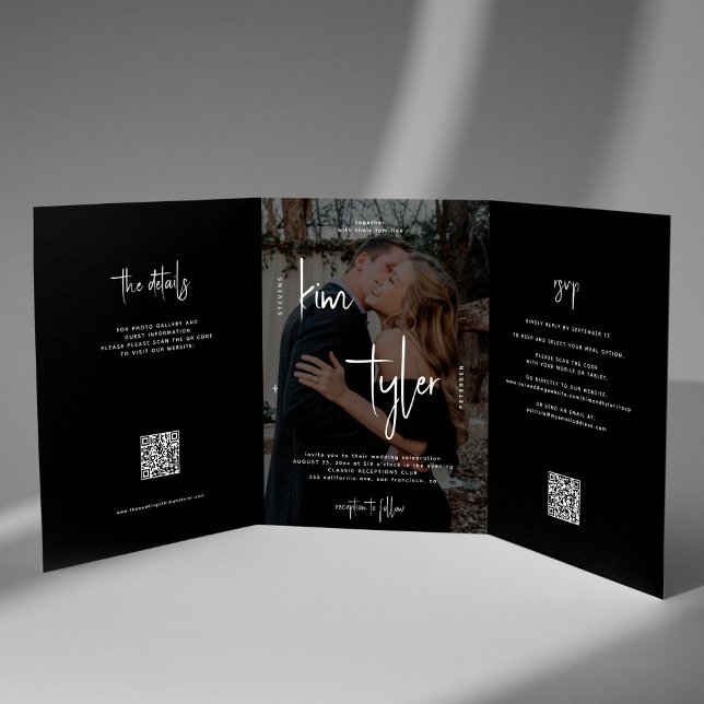 Invitación Tríptica Nombres de fotos detalles de RSVP de boda código Q (Subido por el creador)