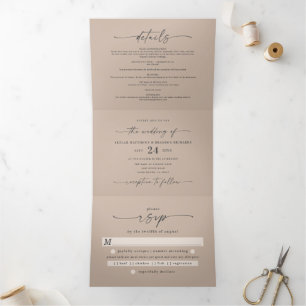 Invitación Tríptica Nombres Negrita Minimalistas Simples Bodas Beige T