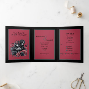 Invitación Tríptica Novia gótico y negro arce rosado Tri-Fold Invi