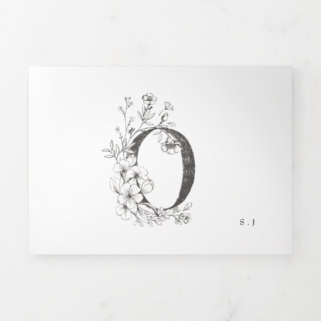Invitación Tríptica "O" Monograma Hermoso Boda floral esbozado (Foto de portada)