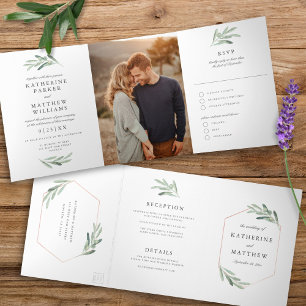 Invitación Tríptica Olive Watercolor y Faux Rosa Gold Boda Photo