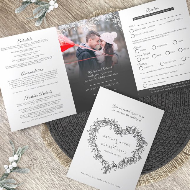 Invitación Tríptica Opción de comida de boda blanca de carbón de muérd (Subido por el creador)