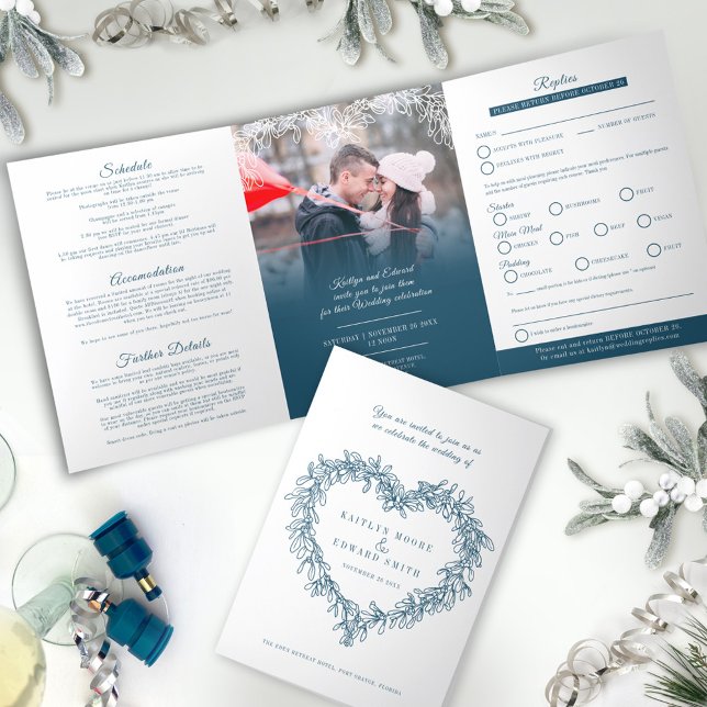 Invitación Tríptica Opción de comida para boda azul blanco de muérdago (Subido por el creador)