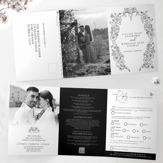 Invitación Tríptica Opción de harina de boda de flor blanco negro RSVP (Subido por el creador)