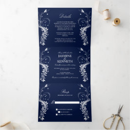 Invitación Tríptica Ornate White Floral Swirls sobre el Boda azul de l