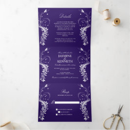 Invitación Tríptica Ornate White Floral Swirls sobre el Boda morado os