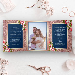 Invitación Tríptica Oro Rosa Falso Brillo Destello Floral Azul Boda
