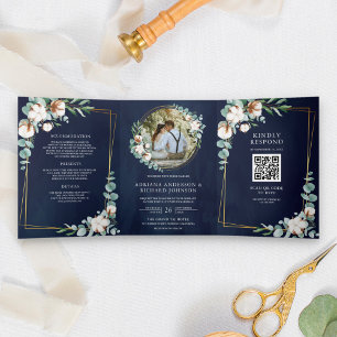 Invitación Tríptica Oro Rústico Algodón Eucalipto Código QR Azul Marin
