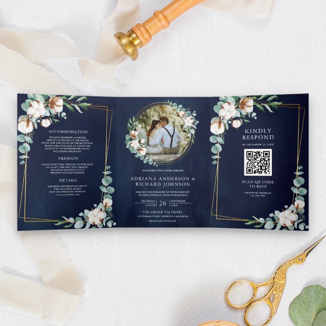 Invitación Tríptica Oro Rústico Algodón Eucalipto Código QR Azul Marin (Subido por el creador)