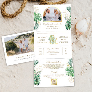 Invitación Tríptica Oro tropical Monstera Palm Foto Boda de código QR