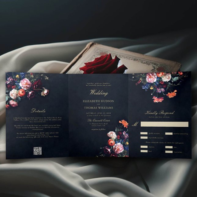Invitación Tríptica Oscuro Moody Fairytale Romance todo en un Boda (dark romantic wedding invitation fairytale romance trifold seal send all in one moody black gothic)