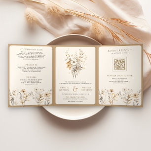 Invitación Tríptica Otoño Boho Flor Silvestre Código QR Foto Boda