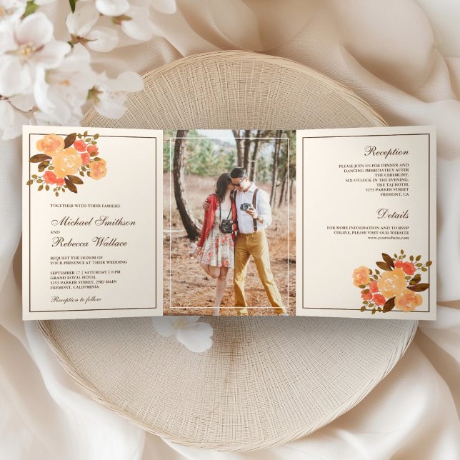 Invitación Tríptica Otoño Floral Rústico Boda Foto (Subido por el creador)
