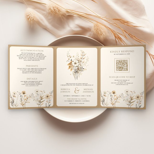 Invitación Tríptica Otoño Otoño Boho Flor silvestre Foto Boda de códig (Subido por el creador)