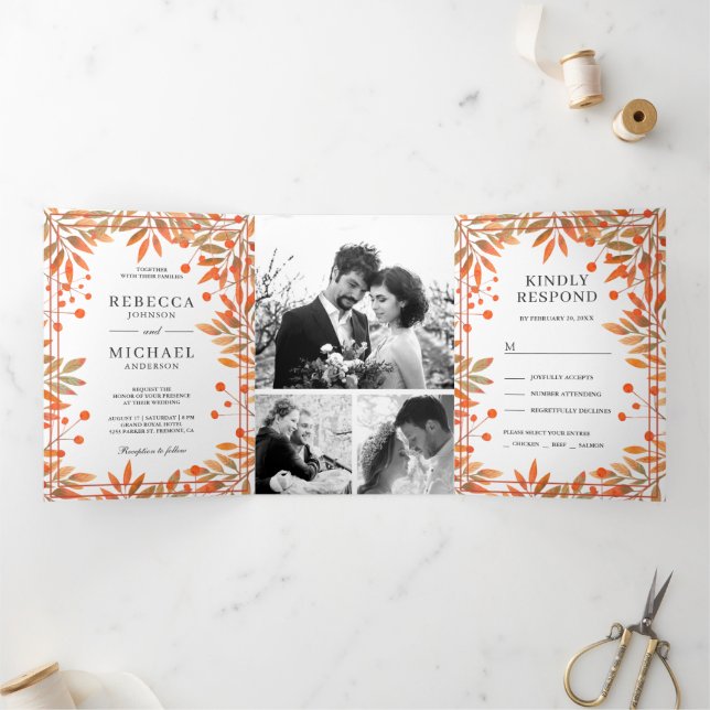 Invitación Tríptica Otoño ruso deja Boda de Collage de fotos (Interior)
