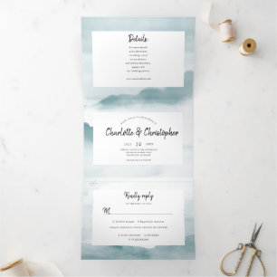 Invitación Tríptica Paisaje acuarela azul ondulante todo en un boda