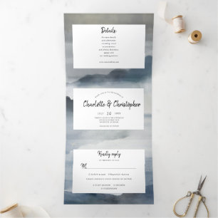 Invitación Tríptica Paisaje acuarela índigo todo en un boda