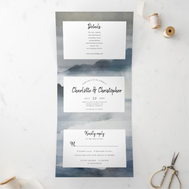 Invitación Tríptica Paisaje acuarela índigo todo en un boda (Interior)