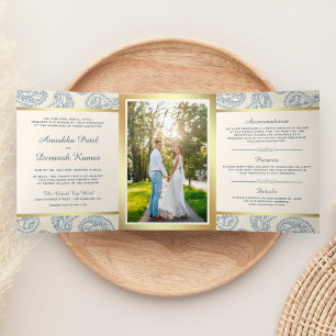 Invitación Tríptica Paisley azul y dorada, foto de un Boda de estilo i