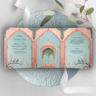 Invitación Tríptica Pajaros Románticos Gazebo Rosa Palacio Indio Boda