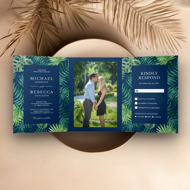 Invitación Tríptica Palm azul verde y marina deja Boda tropical (Subido por el creador)