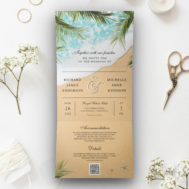 Invitación Tríptica Palm de playa tropical todo en un Boda de código Q (Subido por el creador)