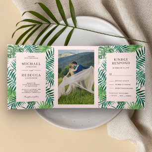 Invitación Tríptica Palm rosa verde y Rubor deja a Boda tropical