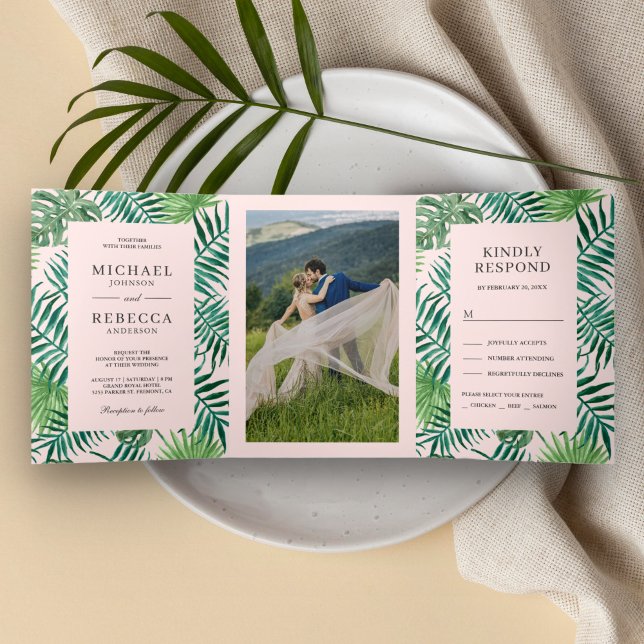 Invitación Tríptica Palm rosa verde y Rubor deja a Boda tropical (Subido por el creador)