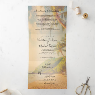Invitación Tríptica Palm Trees de playa tropical Boda triple plegado