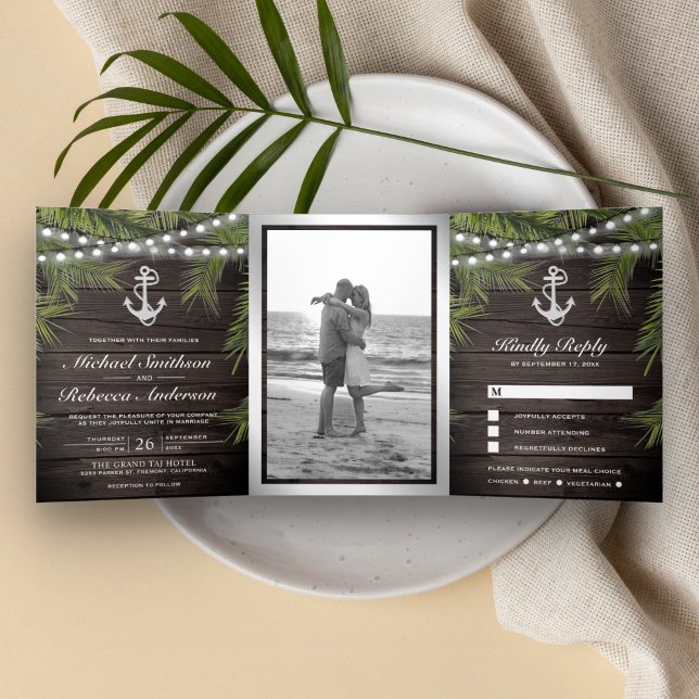 Invitación Tríptica Palm tropical de madera rústica deja Boda de ancla (Subido por el creador)