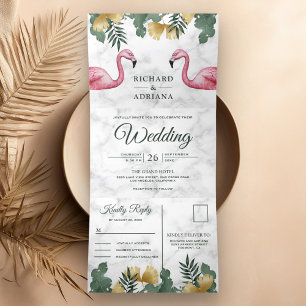 Invitación Tríptica Palm Tropical Mármol Blanco Flamingo Pareja Boda