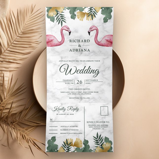 Invitación Tríptica Palm Tropical Mármol Blanco Flamingo Pareja Boda (Subido por el creador)