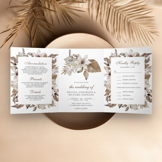 Invitación Tríptica Palma rústica tropical seca deja Boda floral (Subido por el creador)