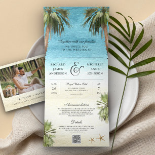 Invitación Tríptica Palmeras Tropicales Moderno Código QR Playa Boda