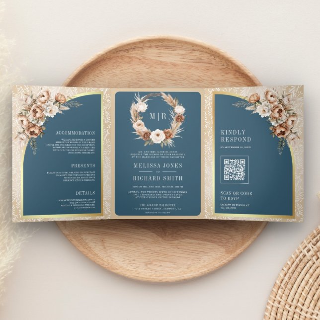 Invitación Tríptica Pampas Beige Earthy Floral Dusty Blue Wedding (Subido por el creador)