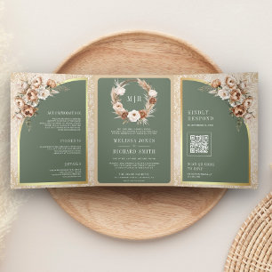 Invitación Tríptica Pampas Beige Terroso Floral Verde Salvia Boda