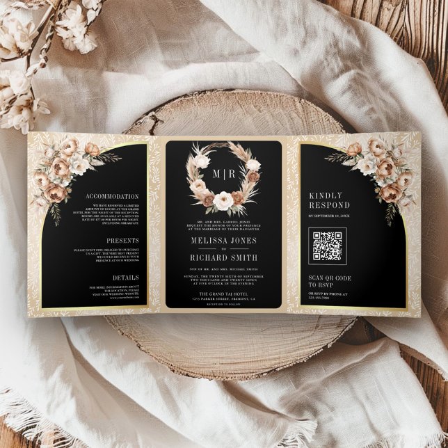 Invitación Tríptica Pampas Neutral Beige Earthy Floral Black Boda (Subido por el creador)