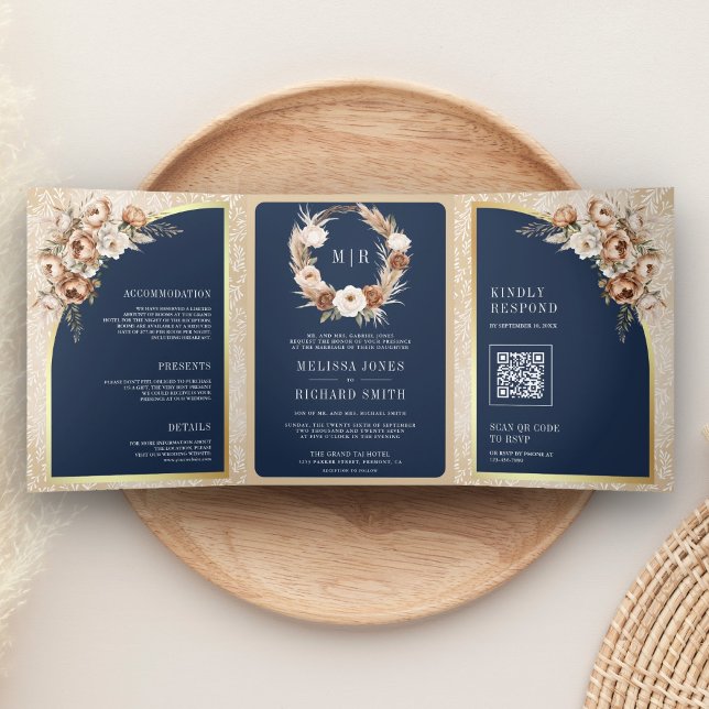 Invitación Tríptica Pampas Neutral Beige Earthy Floral Navy Wedding (Subido por el creador)