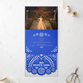 Invitación Tríptica Papel azul real picado mis cinco años