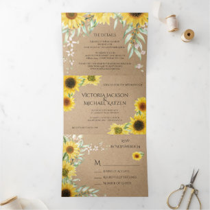 Invitación Tríptica Papel Kraft Bodas Girasoles Rústicos País