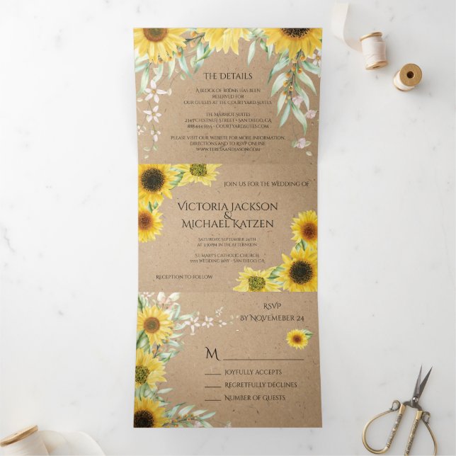 Invitación Tríptica Papel Kraft Bodas Girasoles Rústicos País (Interior)