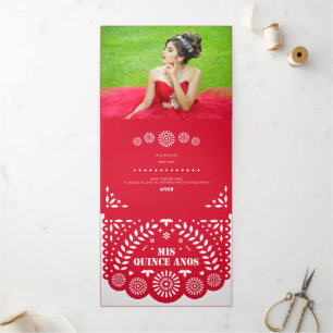 Invitación Tríptica Papel rojo picado mis cinco años