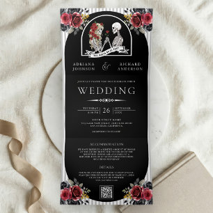 Invitación Tríptica Pareja de esqueletos góticos rosas código QR negro