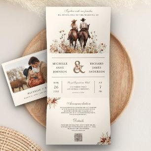 Invitación Tríptica Pareja Occidental Montando a Caballo en Boda Todo 
