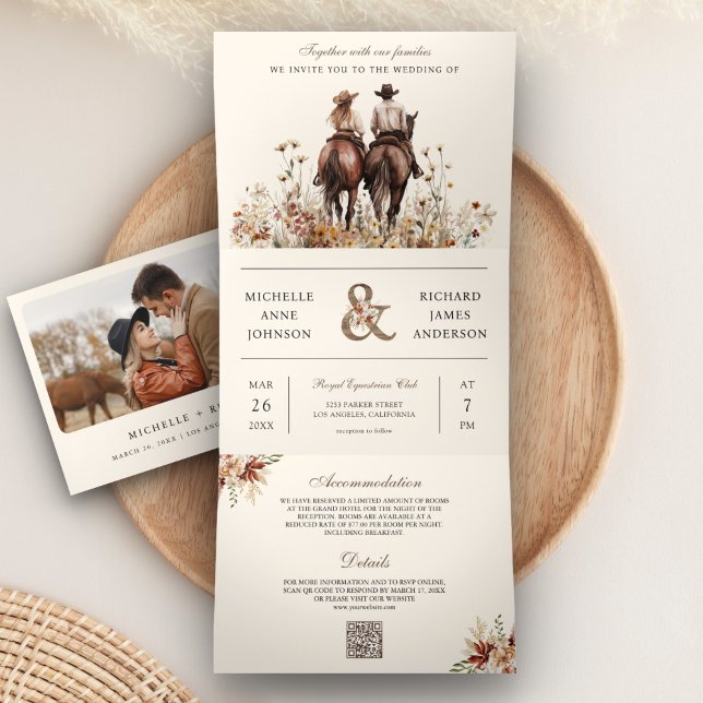 Invitación Tríptica Pareja occidental montando caballo todo en un Boda (Subido por el creador)